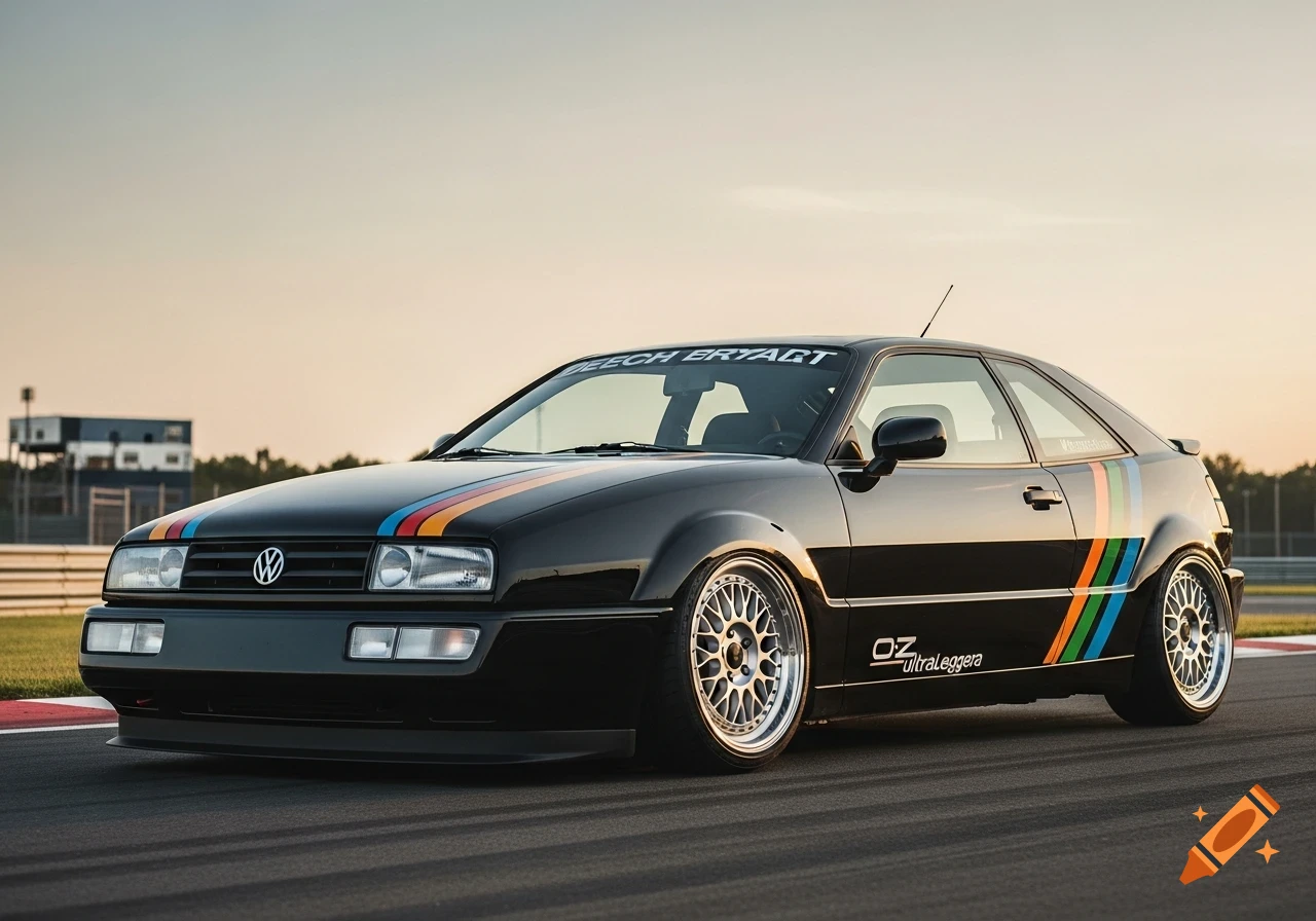 A black VW Corrado with colorful racing stripes and custom wheels is parked on a race track at sunset.