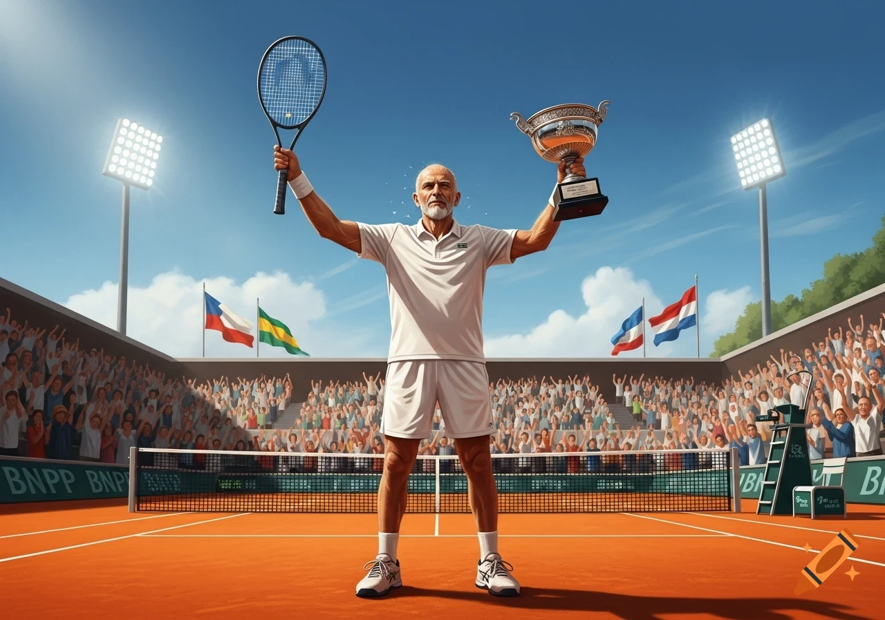 An old bald tennis player in white uniform stands on a clay court with arms raised, holding a racket and a trophy, in a crowded stadium under a blue sky.