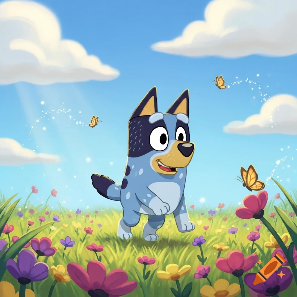 A cartoon Blue Heeler dog (Bluey) stands smiling in a vibrant green meadow filled with colorful flowers and butterflies under a blue sky.