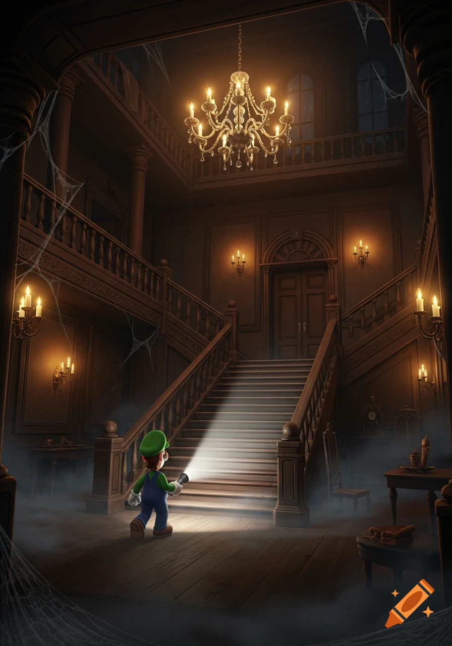Luigi holds a flashlight, exploring the dark, spooky foyer of a grand mansion with a large staircase and chandelier.