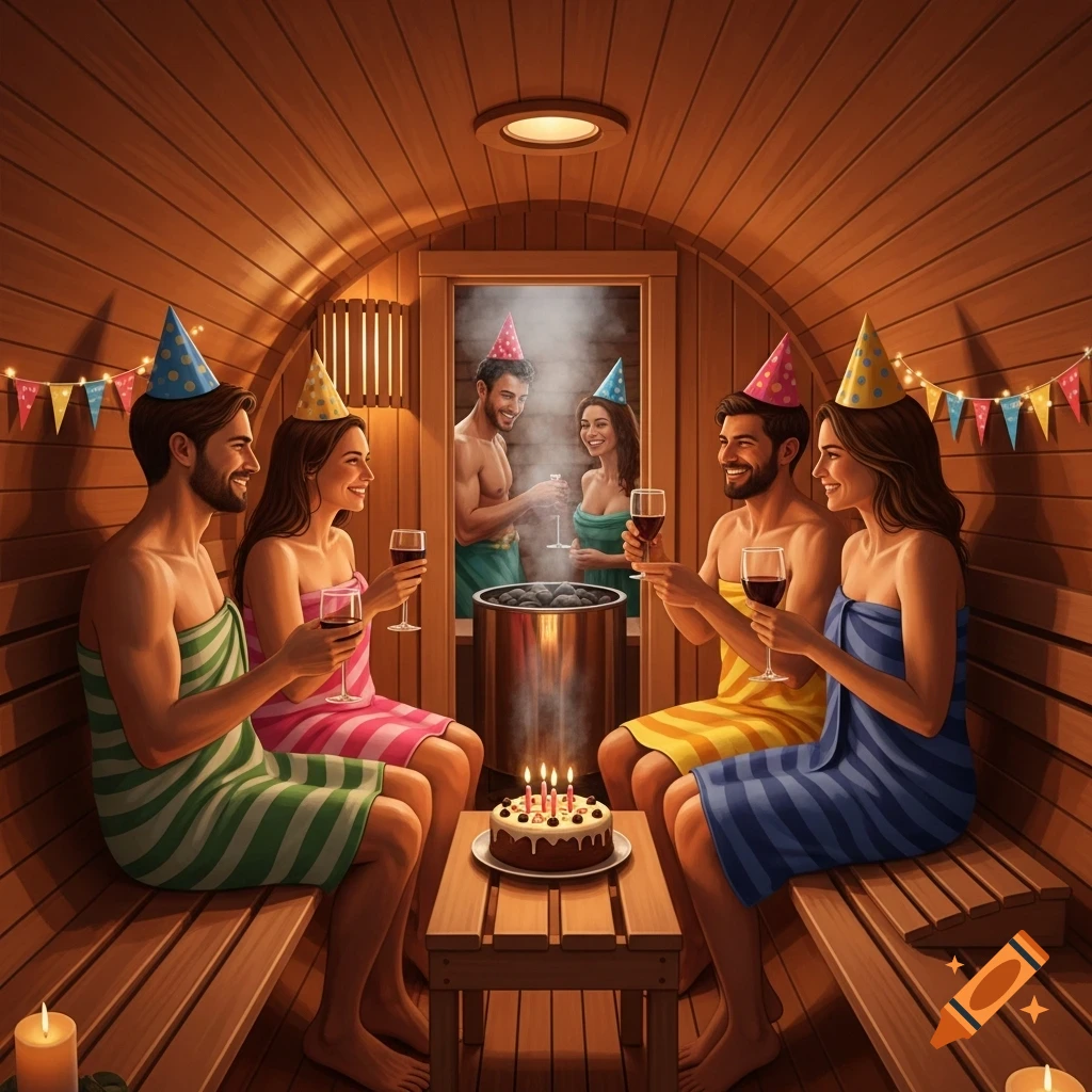 Six people in towels and party hats celebrate a birthday with cake and wine in a cozy wooden barrel sauna, with steam rising from the heater.