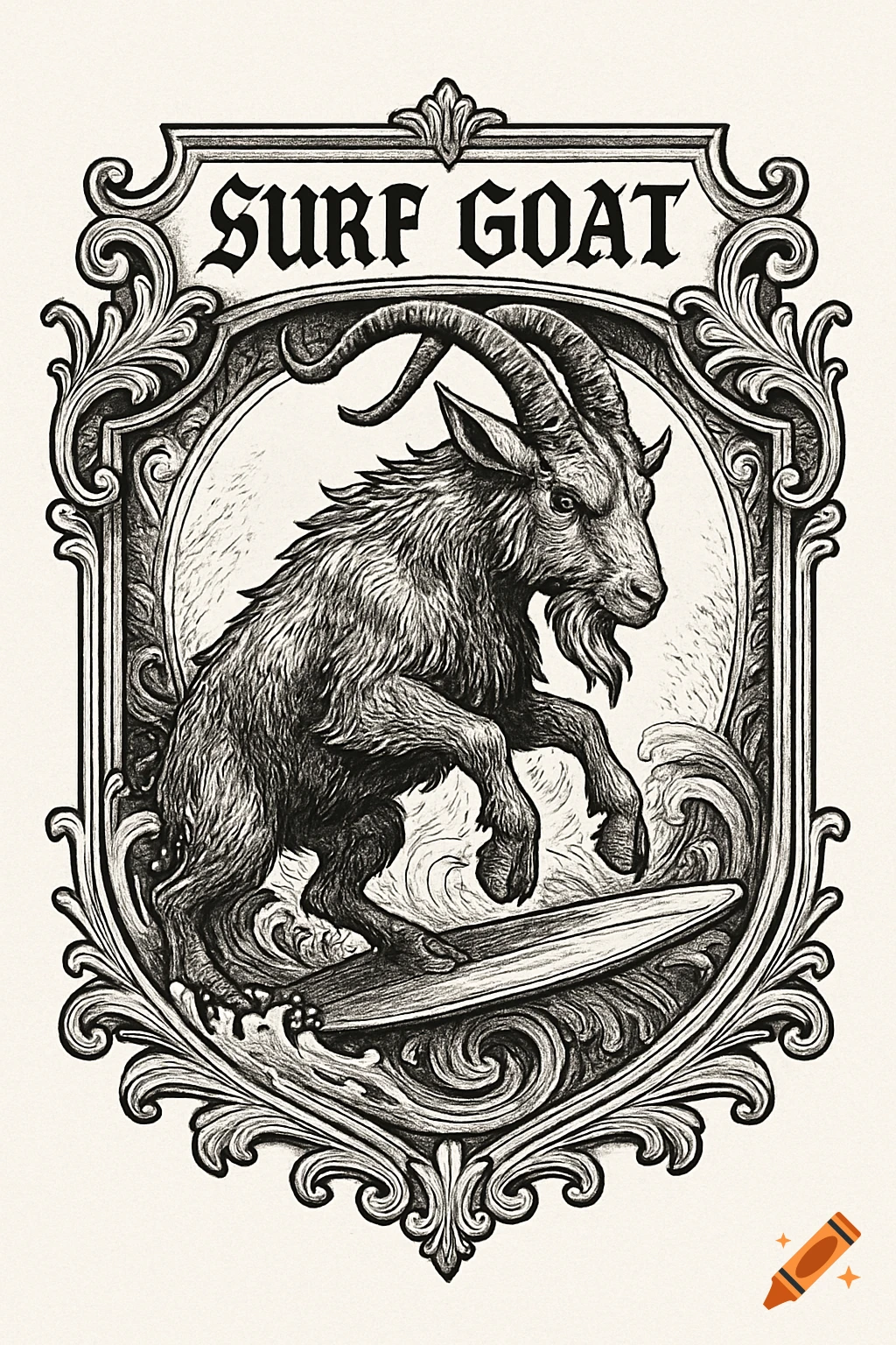 Black and white gothic illustration of a goat riding a surfboard, framed by an ornate crest with 'SURF GOAT' text.