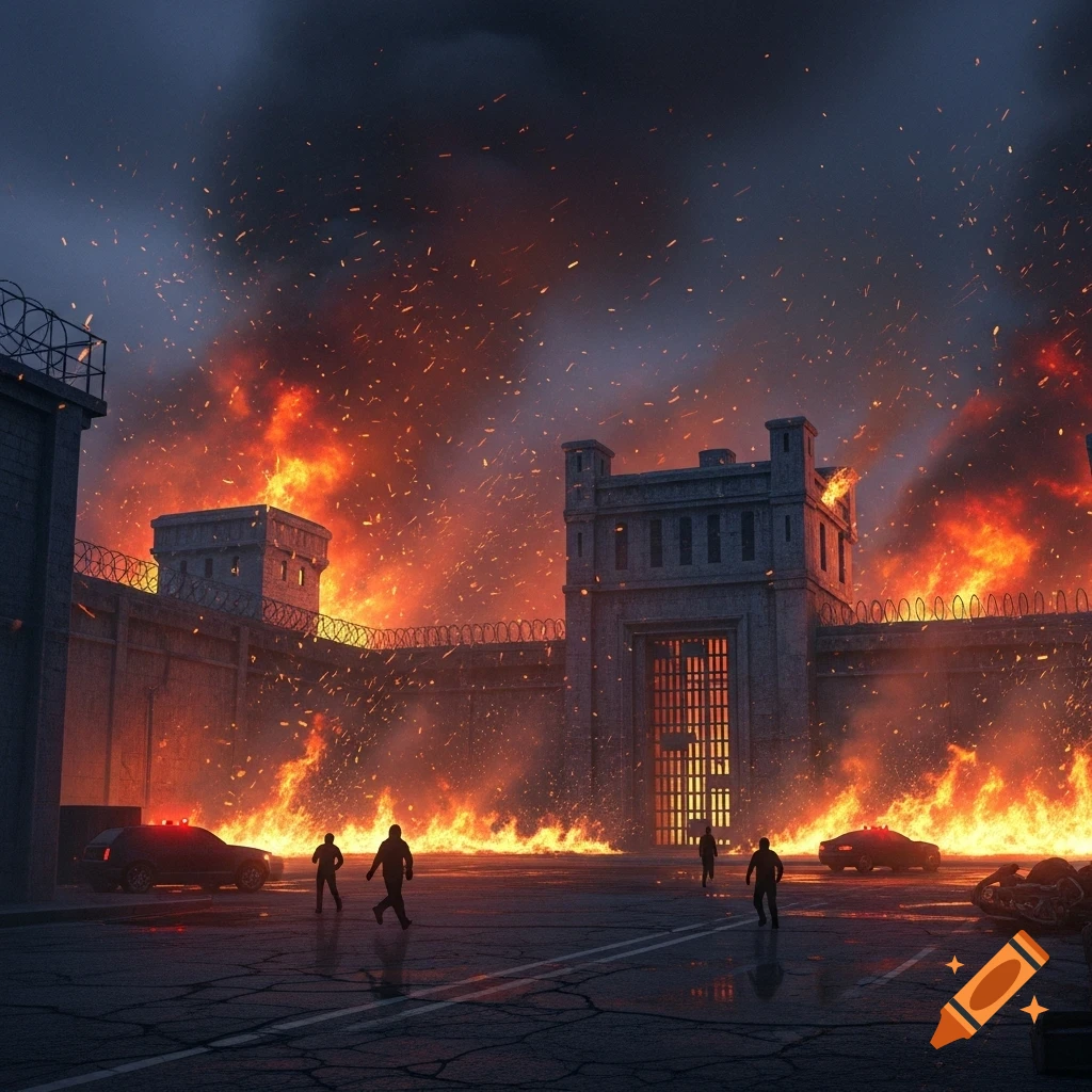 Photorealistic image of a prison engulfed in flames at night. Dark smoke fills the sky, with embers and silhouetted figures in the foreground.