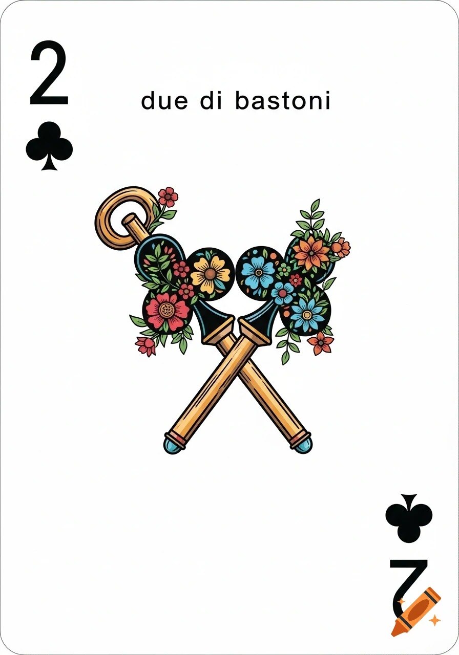 A white playing card, the 2 of clubs (due di bastoni), with two crossed ornate staves adorned with colorful flowers.