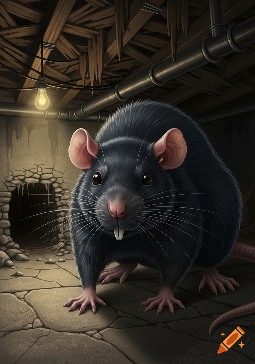 A large black rat with prominent white teeth stares directly forward in a dimly lit, damp basement with exposed wooden beams, pipes, and a stone rat hole.