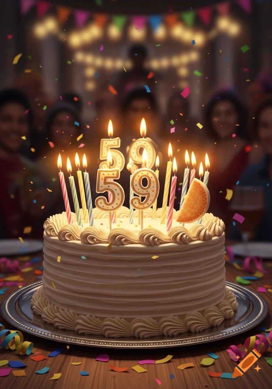 A decorated birthday cake with glowing '59' number candles and other colorful candles, surrounded by falling confetti at a blurred party.