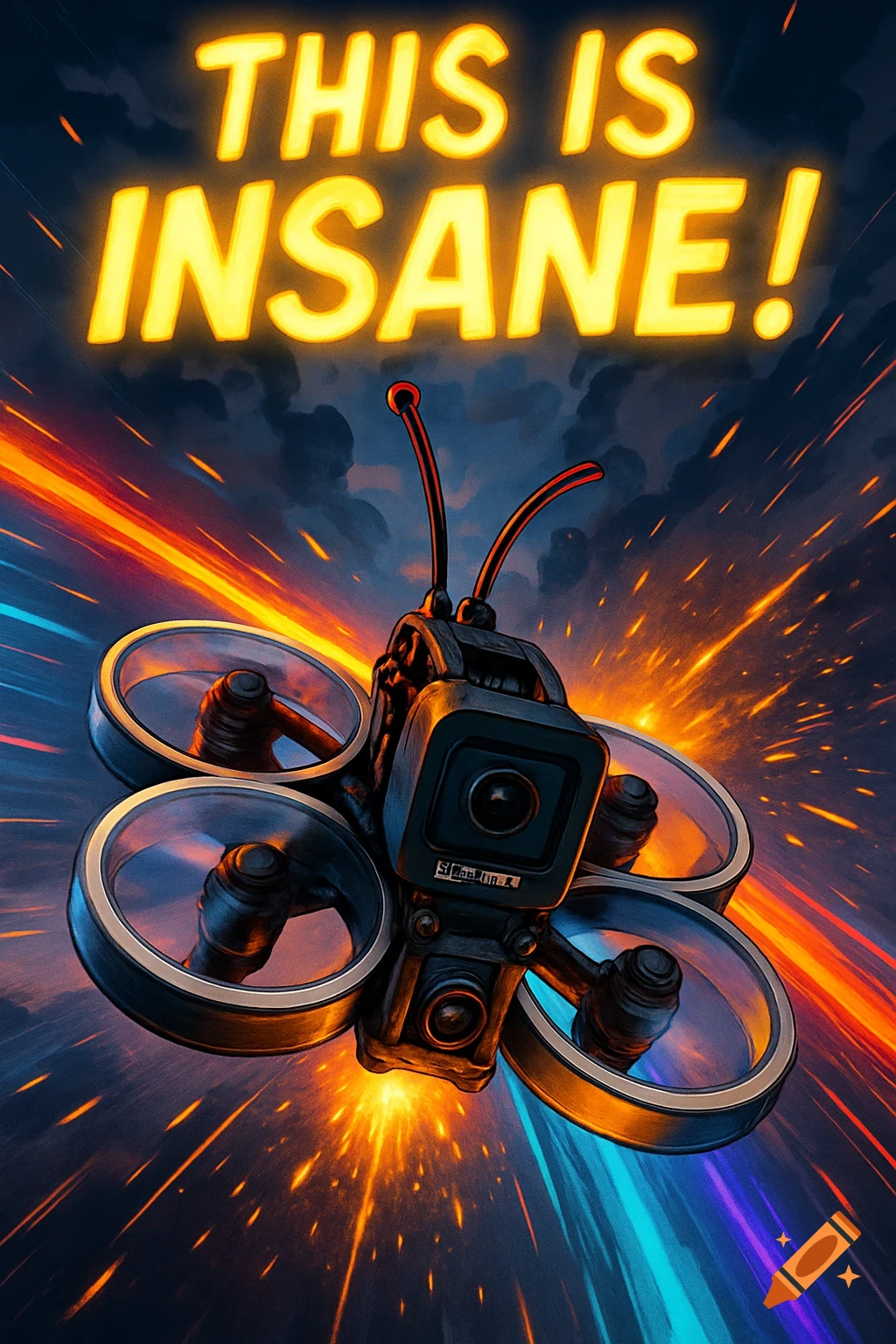 A cartoon-realistic FPV drone with a GoPro camera dives at high speed, creating neon trails and sparks against dramatic clouds. The text 'THIS IS INSANE!' glows at the top.