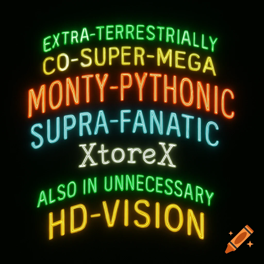 Colorful neon sign displaying the text: EXTRA-TERRESTRIALLY CO-SUPER-MEGA MONTY-PYTHONIC SUPRA-FANATIC XtoreX ALSO IN UNNECESSARY HD-VISION on a black background.