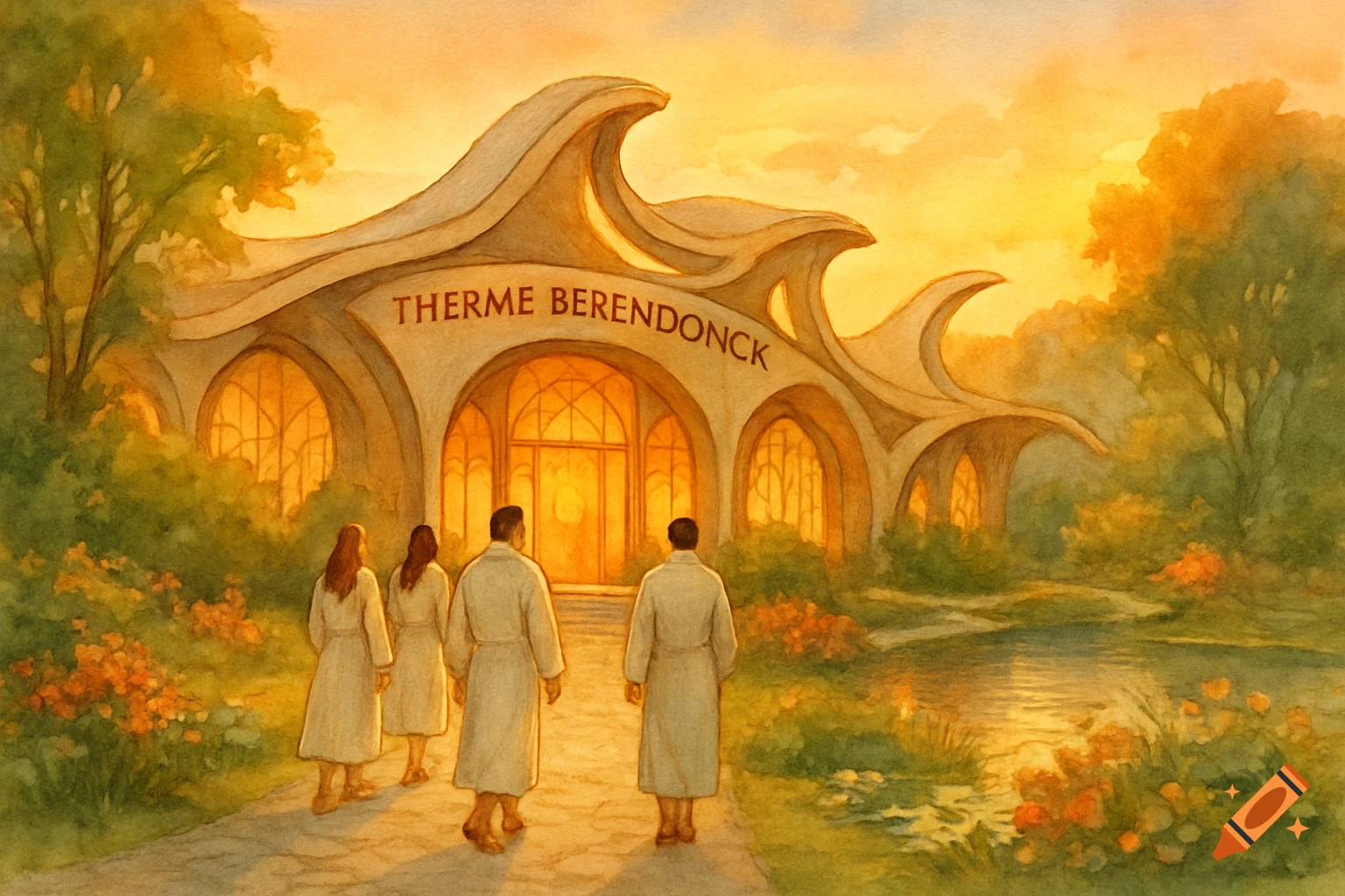 Three people in white bathrobes walk towards a building with 'Therme Berendonck' text at sunset, in a watercolor style.