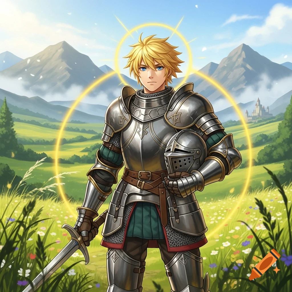 Blonde anime knight in shining armor holds a sword and helmet, surrounded by glowing rings in a vibrant fantasy field with mountains and a castle.