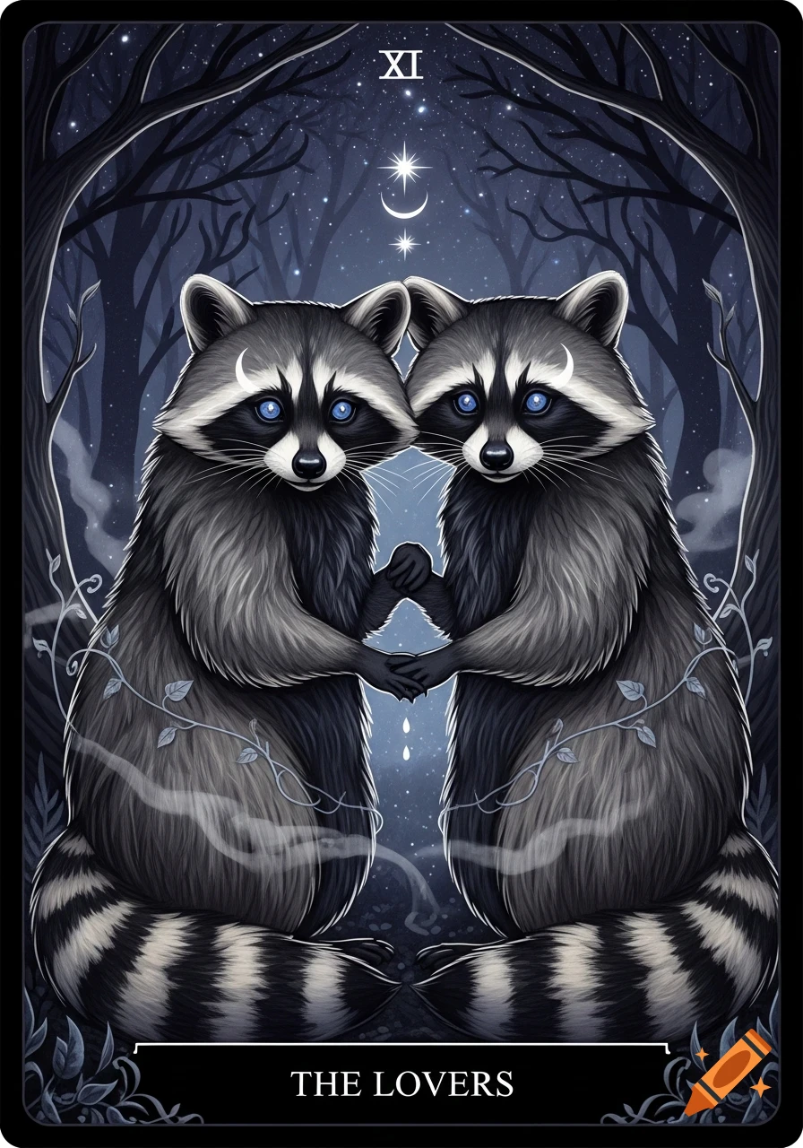 A dark fantasy tarot card featuring two raccoons with glowing blue eyes holding hands in a star-filled forest.