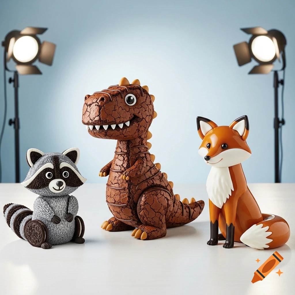 A photorealistic food art display with a brownie dinosaur, an Oreo cookie raccoon, and a shiny toffee fox on a white table under studio lights.