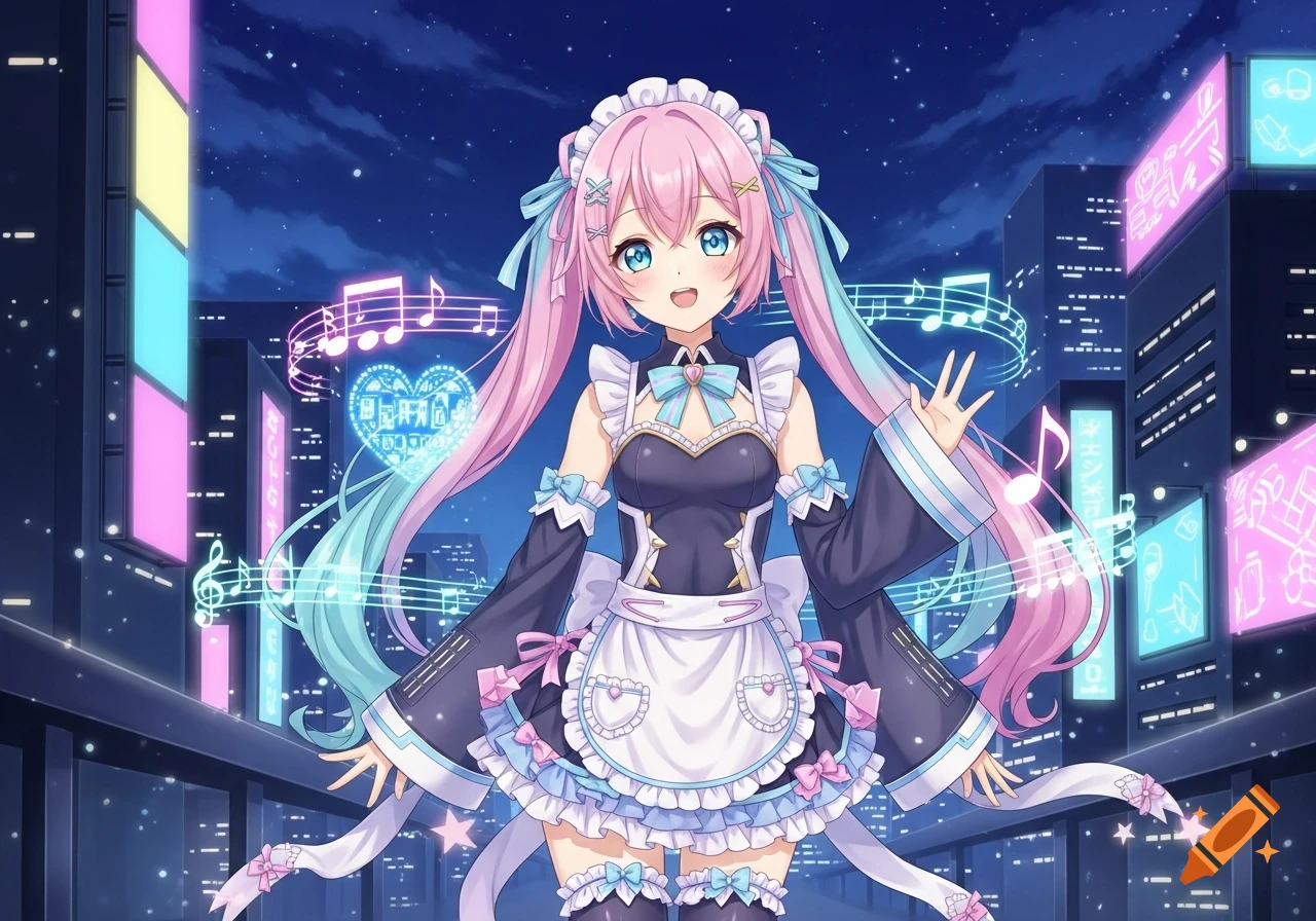 Anime girl with pink and blue pigtails in a maid dress, smiling against a neon city night background with musical notes.