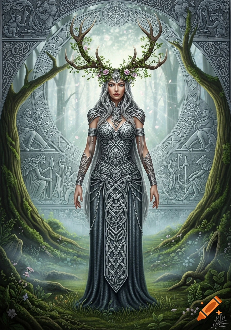 A fantasy depiction of Cernunnos as a woman with antlers and a crown of flowers, wearing an ornate silver dress with Celtic knot patterns, standing in a magical forest with stone carvings.