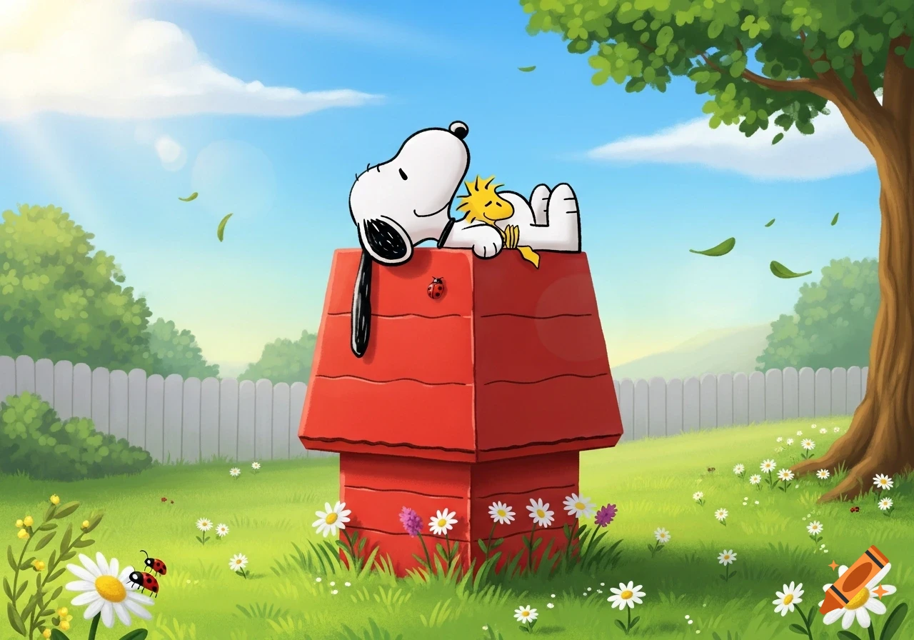 Snoopy and Woodstock relaxing on a red doghouse in a sunny green backyard with a white fence.