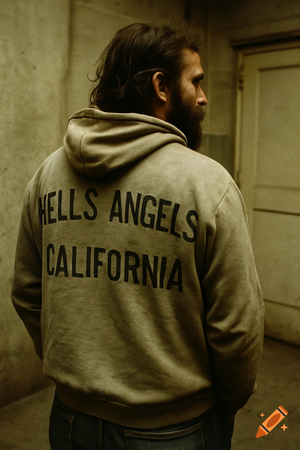 A bearded man in a beige 'HELLS ANGELS CALIFORNIA' hoodie, seen from behind in a grainy, vintage documentary photo.