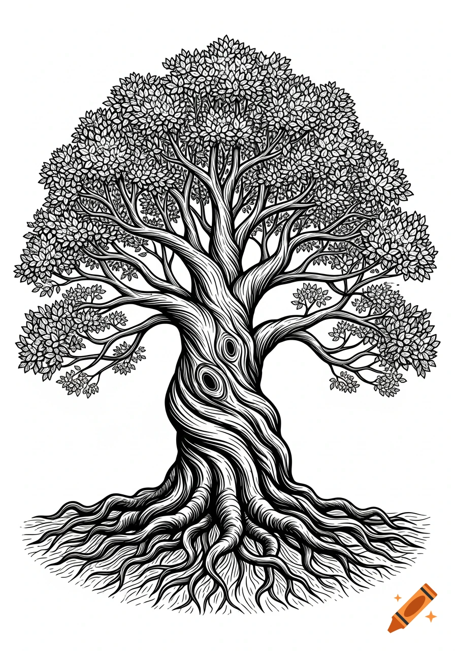 A black and white linocut-style illustration of a tree with a twisted trunk, dense leaves, and spreading roots.