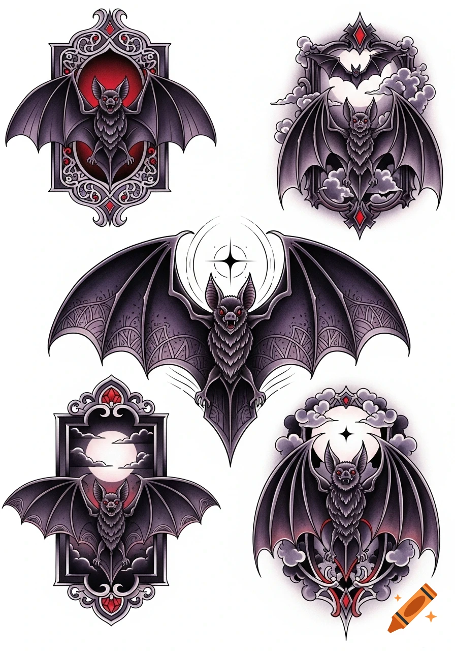 Five neotraditional tattoo designs feature stylized bats with spread wings, intricate frames, and gothic elements.