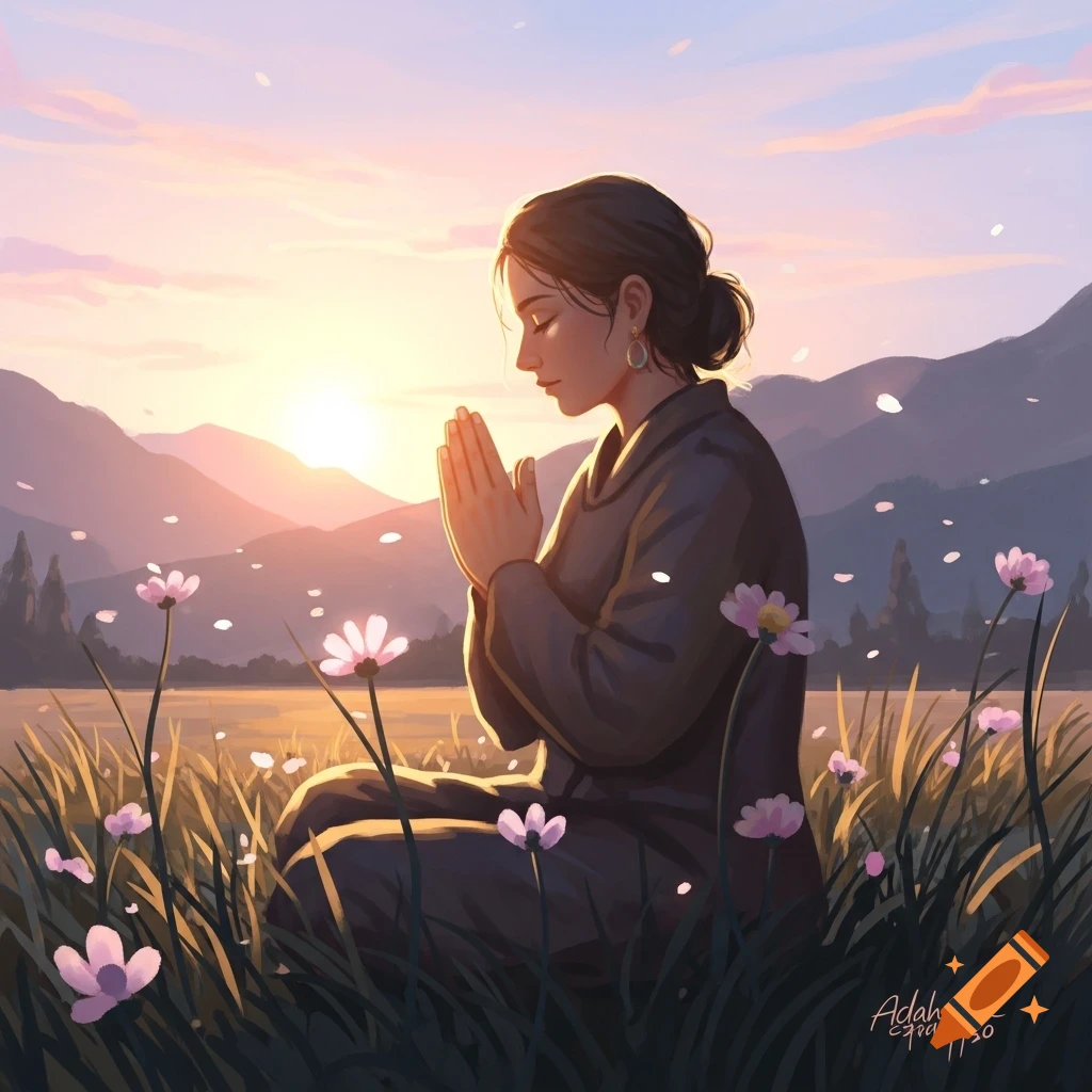 Digital art of a woman in dark clothes kneeling in a grassy field with pink flowers, praying or meditating against a vibrant sunset over mountains.