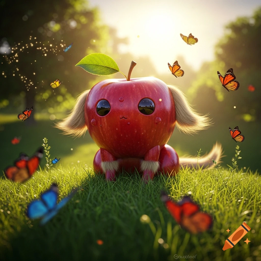 A cute, red, apple-shaped creature with big black eyes and fluffy ears sits in green grass with butterflies in a sunny forest.