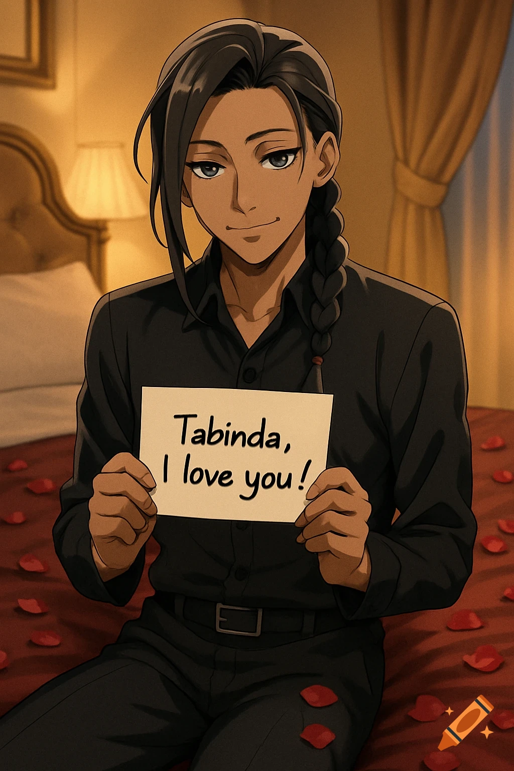 Anime character with dark hair and a braid sits on a bed with rose petals, holding a sign that reads 'Tabinda, I love you!'