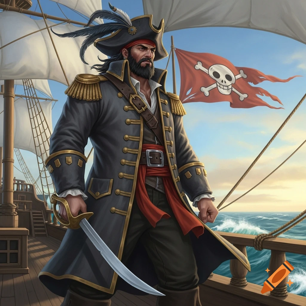A strong pirate with a beard and a feathered hat stands on a ship deck, holding a cutlass, with a skull flag behind him.