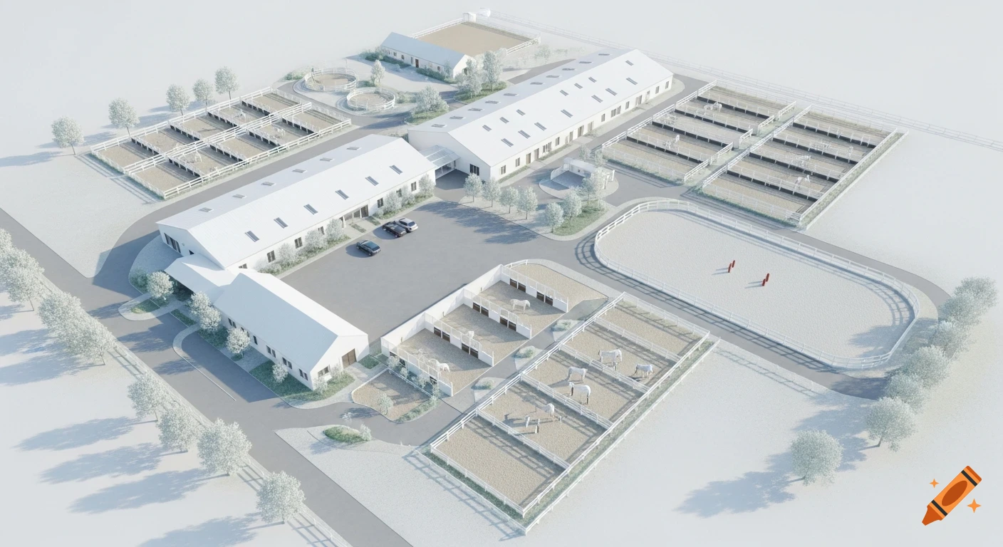 An aerial view of a modern white equestrian facility with multiple barns, paddocks, an arena, and trees in a minimalist style.