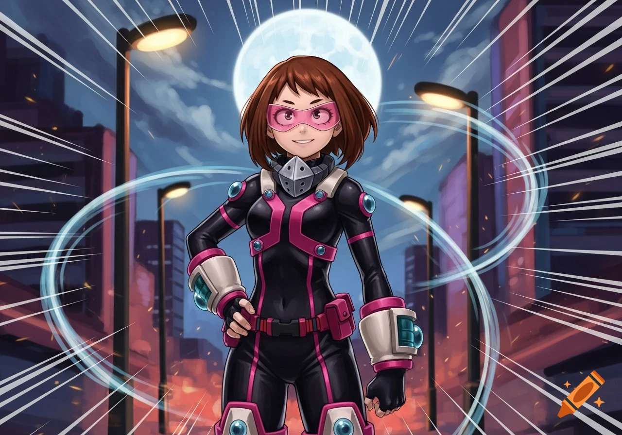 Anime illustration of Ochako Uraraka in her black and pink superhero suit, posing confidently in a city at night under a full moon.