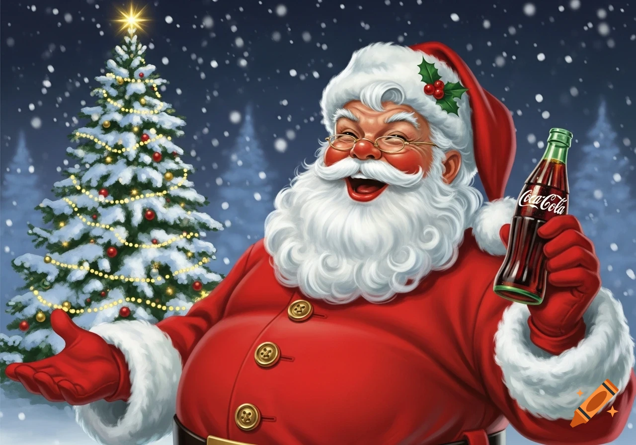 Smiling Santa Claus in a snowy scene with a decorated Christmas tree, holding a Coca-Cola bottle. Festive illustration.