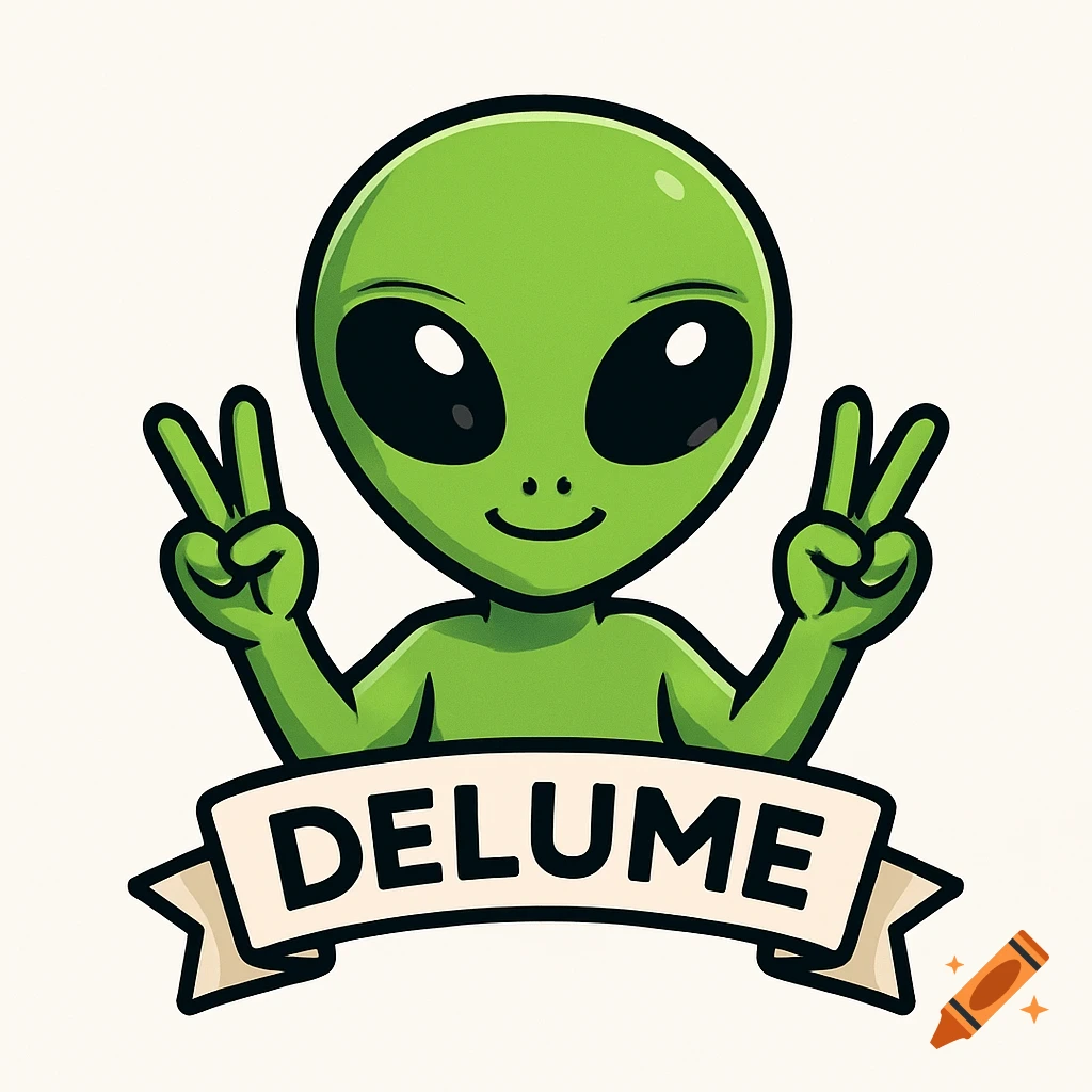 Cute green alien cartoon logo with big eyes, a smile, and hands forming peace signs. A banner below reads "DELUME".