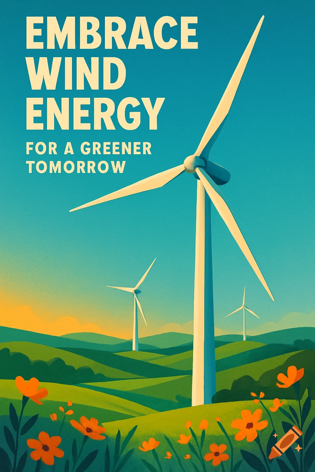 Illustrated poster for wind energy with text 'Embrace Wind Energy For A Greener Tomorrow' above wind turbines in a green landscape with orange flowers.