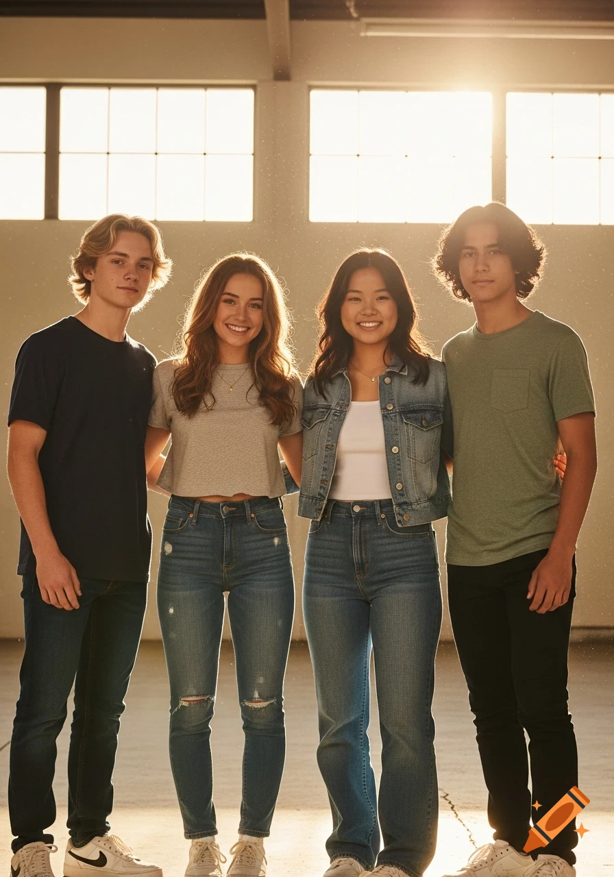 Four smiling young teens, two boys and two girls, stand side-by-side in a sunlit indoor space, their hair backlit.