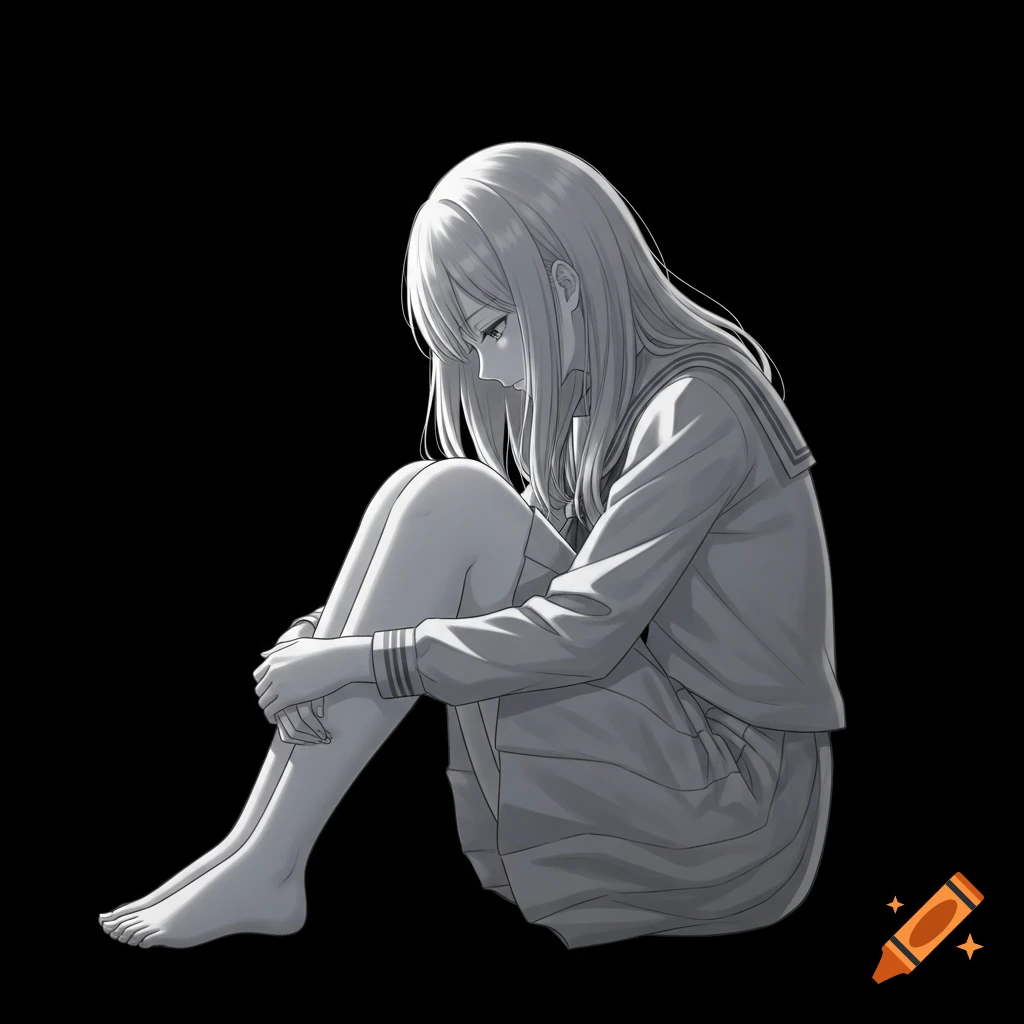 Anime girl sitting on the ground, looking down thoughtfully, against a black background.