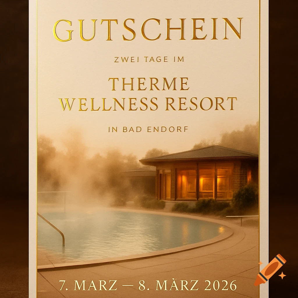 Gold-lettered gift voucher for a two-day stay at a thermal wellness resort with a steaming pool and lodge at dusk.