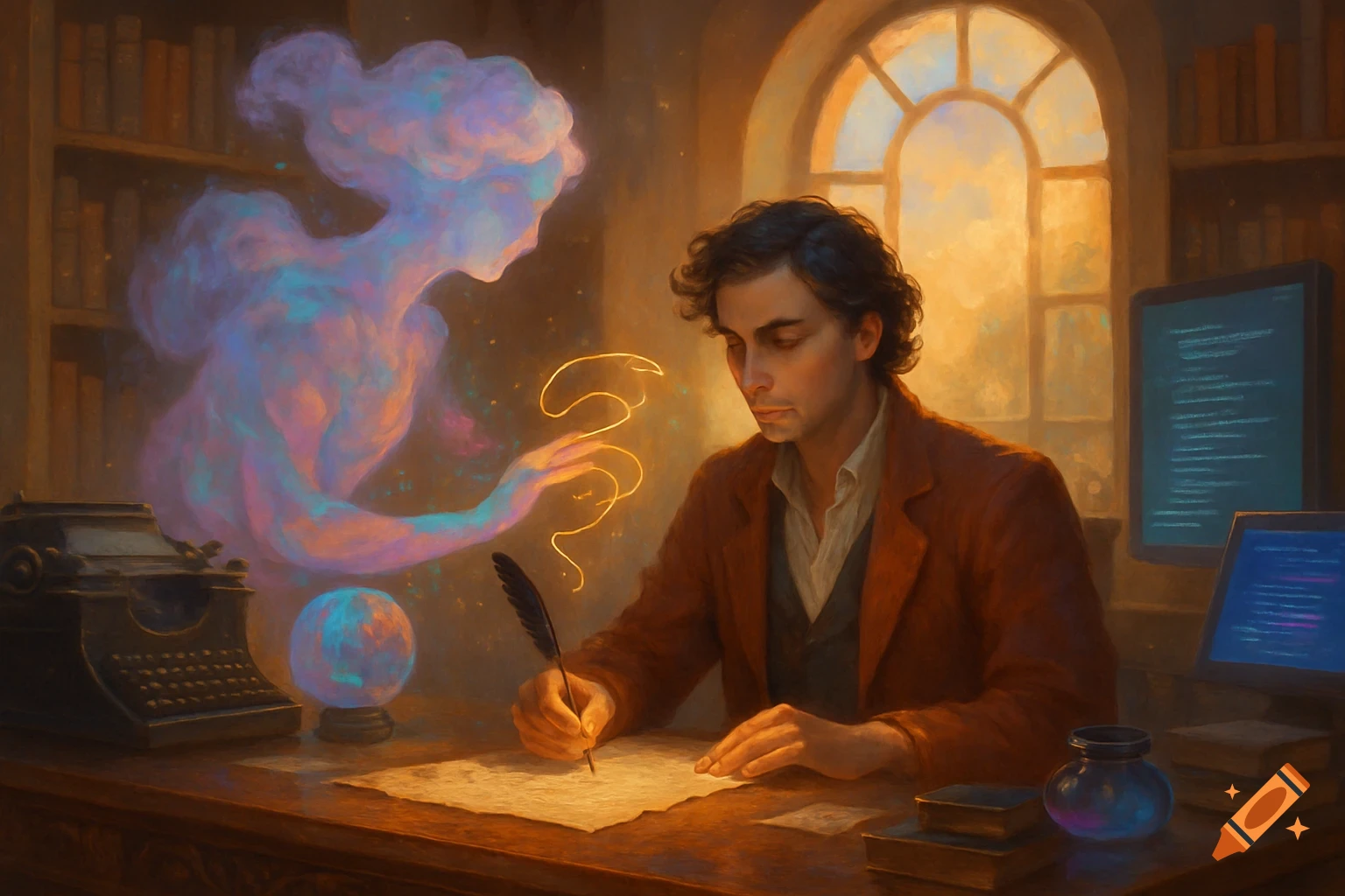 A man in a study writes at a desk with a quill, while a glowing, ethereal, cloudy figure with outstretched hands hovers beside him. Computer screens display illegible code in the background.