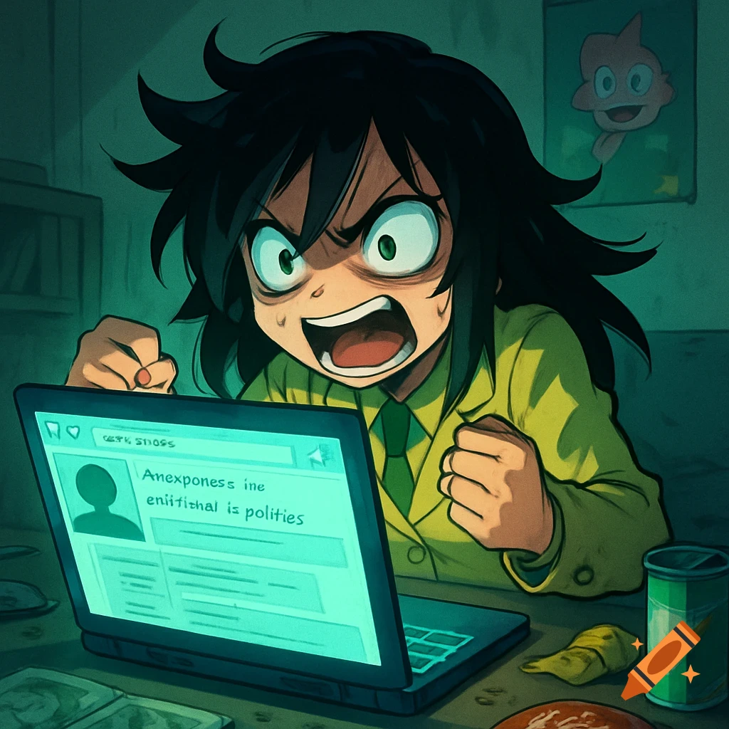 An angry anime character with spiky black hair in a green shirt stares wide-eyed at a laptop screen in a dark, teal-lit room.