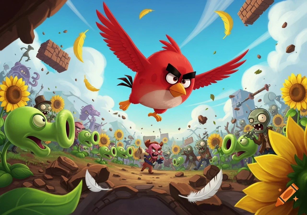 A dynamic cartoon battle scene featuring the red Angry Bird flying above, with pea-shooters from Plants vs. Zombies fighting zombies and a pig in a field of sunflowers.