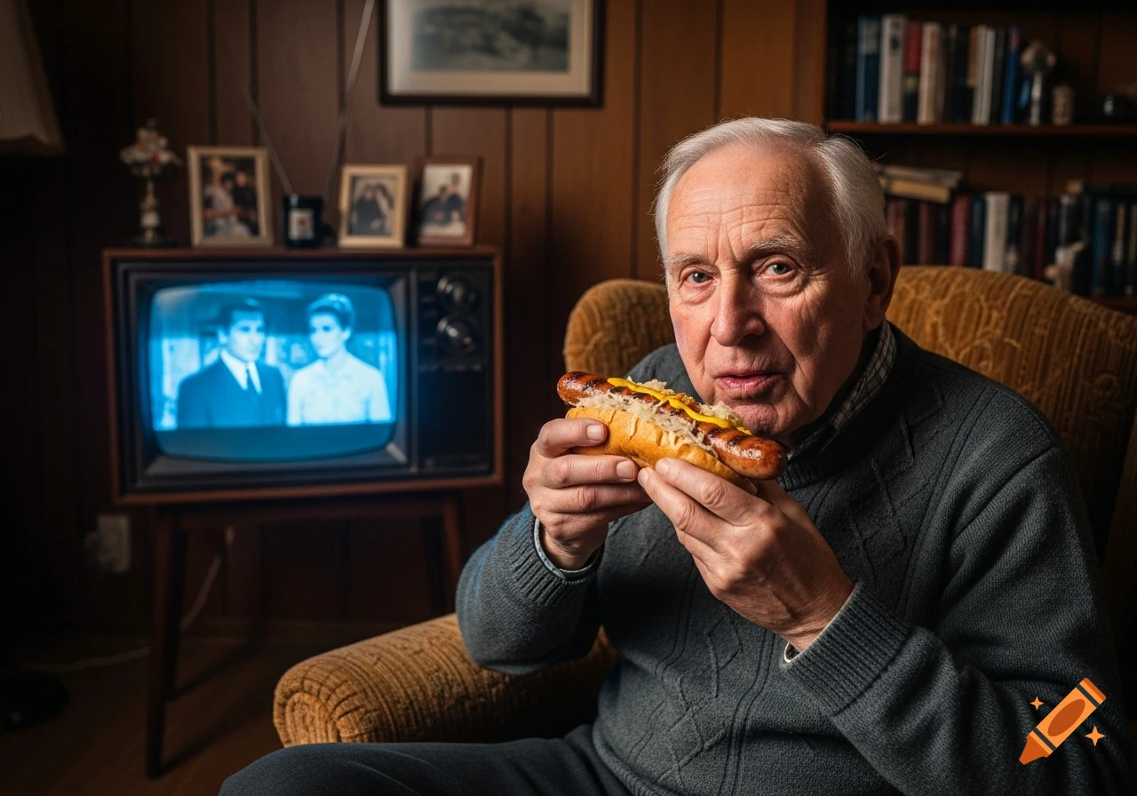 Elderly man eating a hot dog with mustard and sauerkraut, sitting in an armchair while watching an old television set.