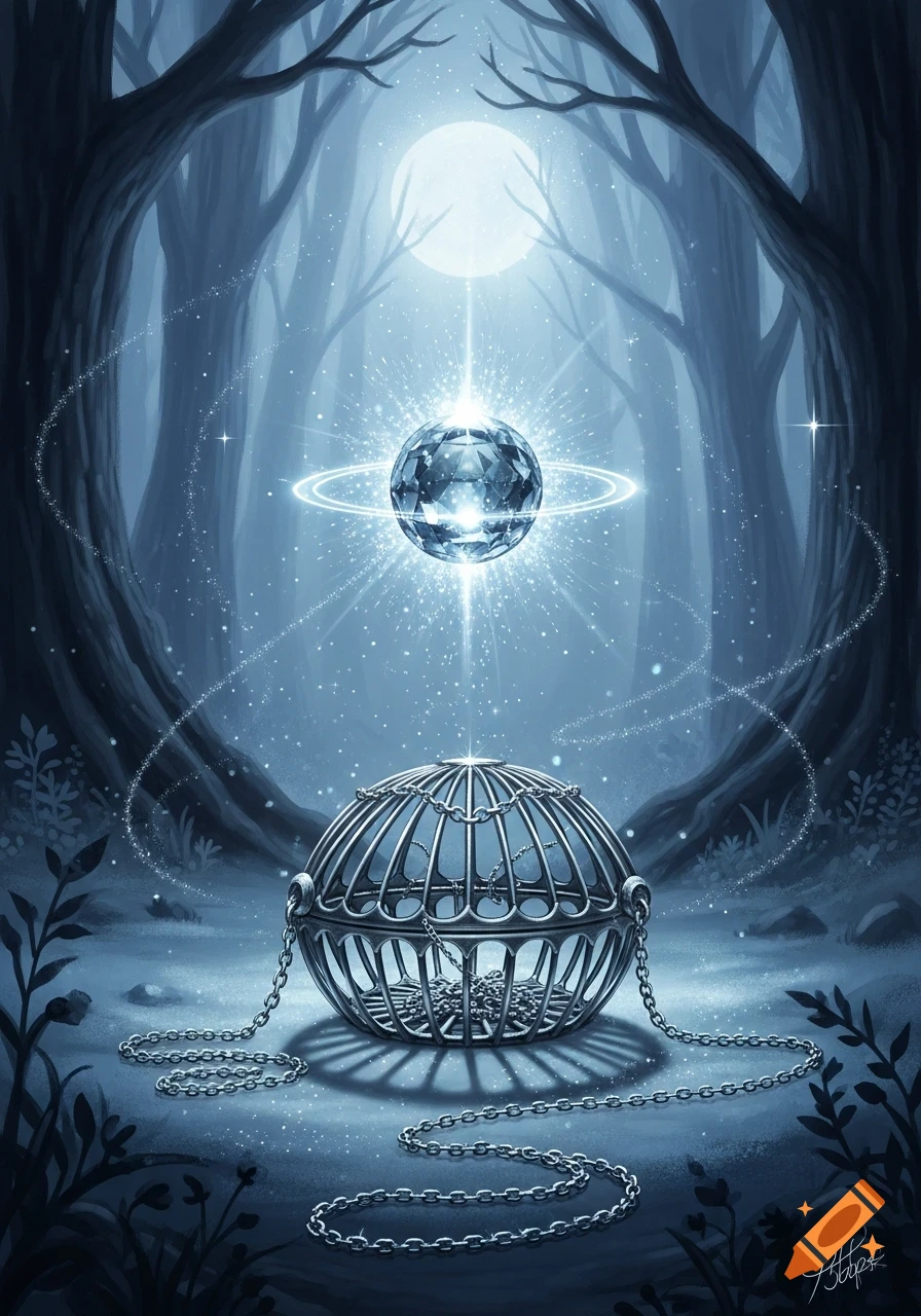 A glowing faceted crystal floats above an ornate metal cage in a mystical, moonlit forest, surrounded by swirling light particles.