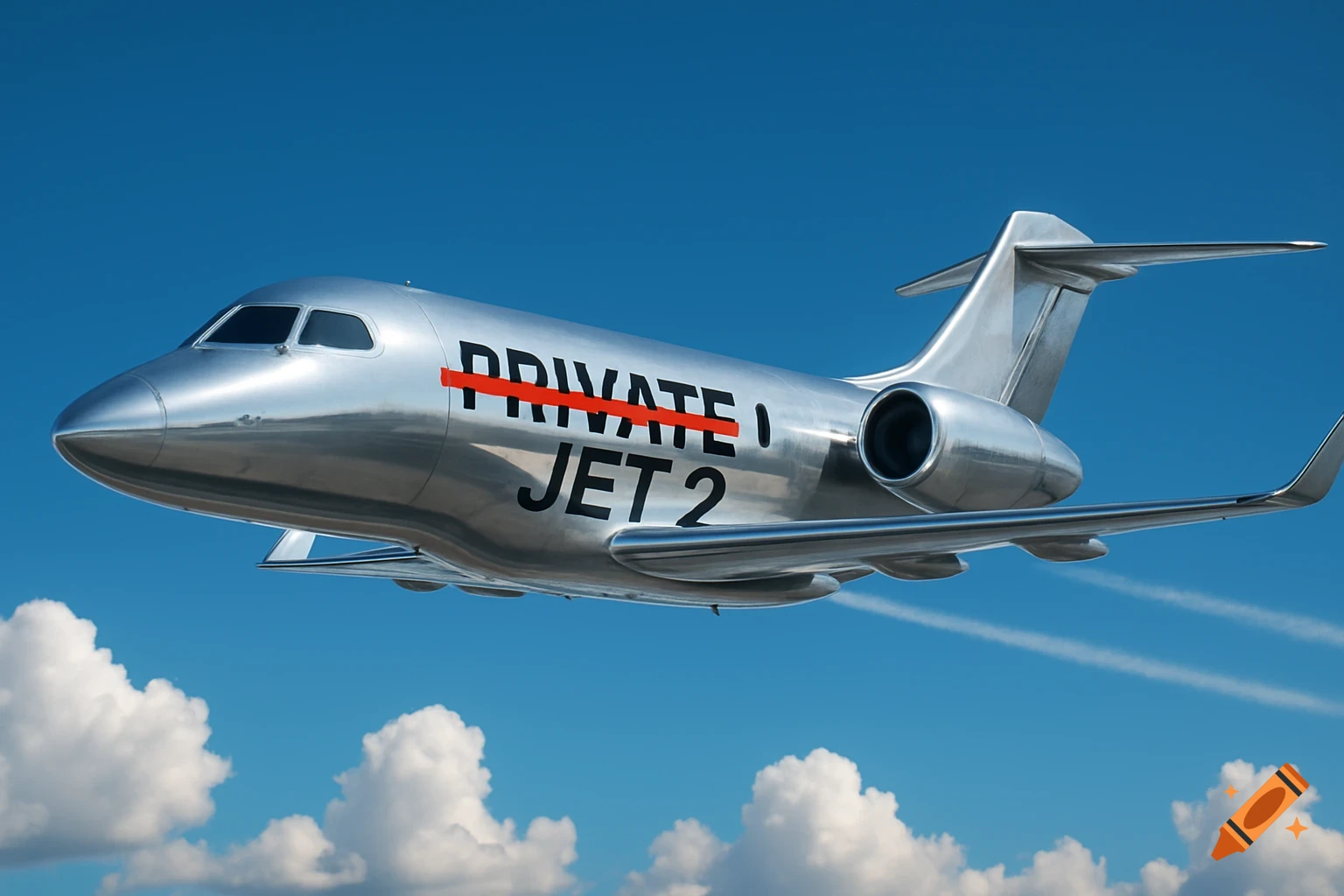 A shiny silver private jet with the text "PRIVATE" crossed out and "JET 2" below it, flying in a blue sky with white clouds.