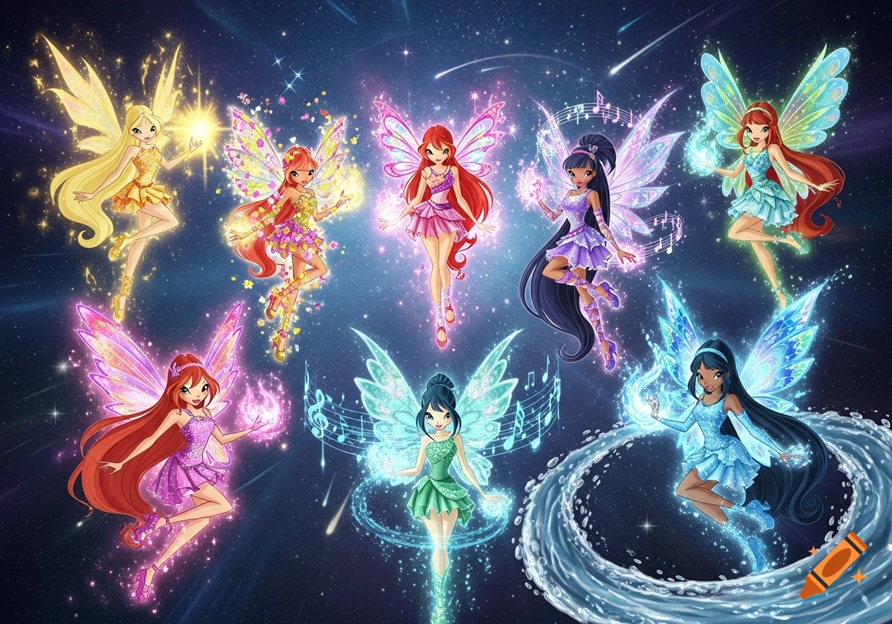 Seven diverse fairy-like characters with colorful wings and glowing magic against a starry, dark blue cosmic background.
