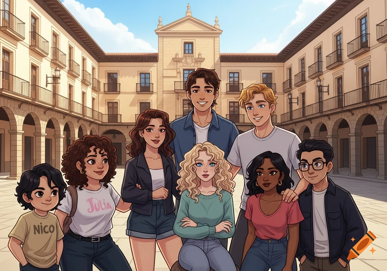 An anime-style illustration of a diverse group of seven young adults and one child smiling in a sunlit European courtyard.
