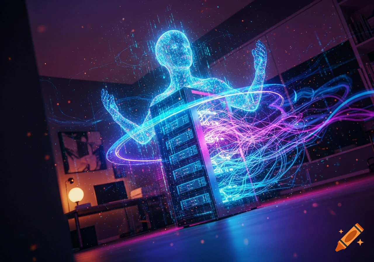 Glowing wireframe human figure composed of data emerging from a server rack, surrounded by neon blue and pink light trails in a dark room.