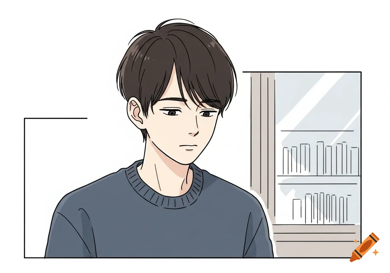 A 2D comic style illustration of a shy young man with brown hair and a grey sweater, looking down with a quiet expression, next to a shelf.