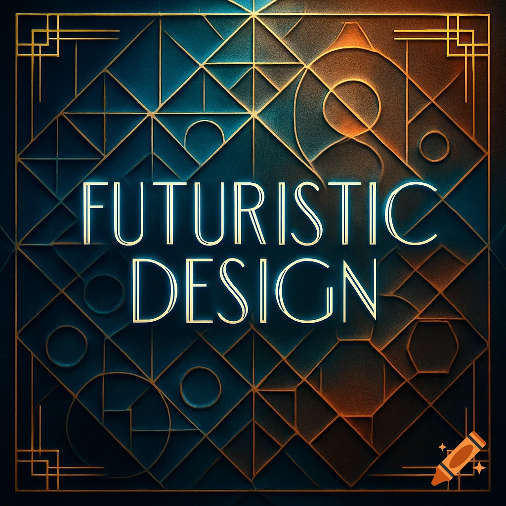 Glowing blue and orange geometric Art Deco patterns frame white neon text 'FUTURISTIC DESIGN'.