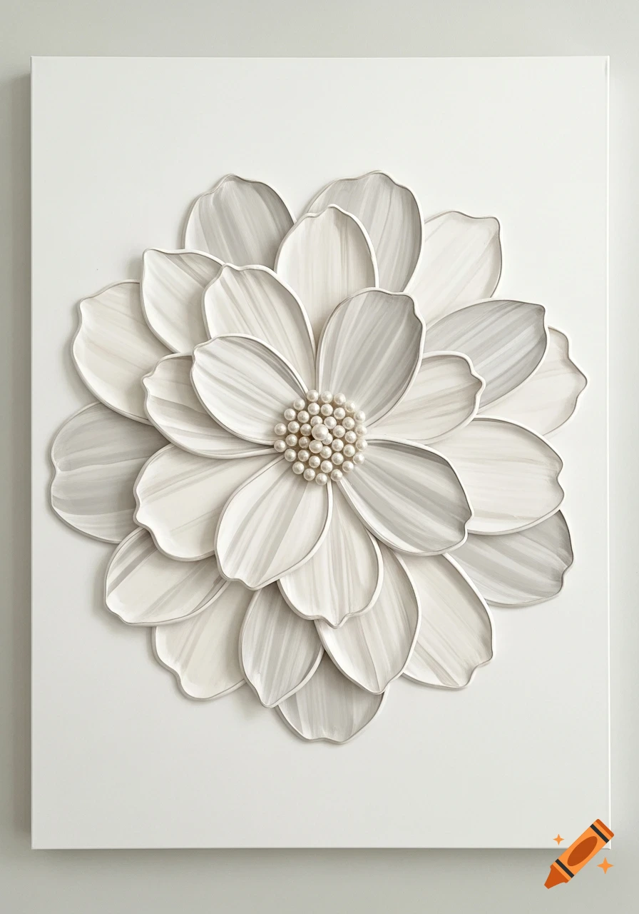 A minimalist 3D textured artwork of an abstract flower with layered white and gray petals, adorned with pearls in the center.