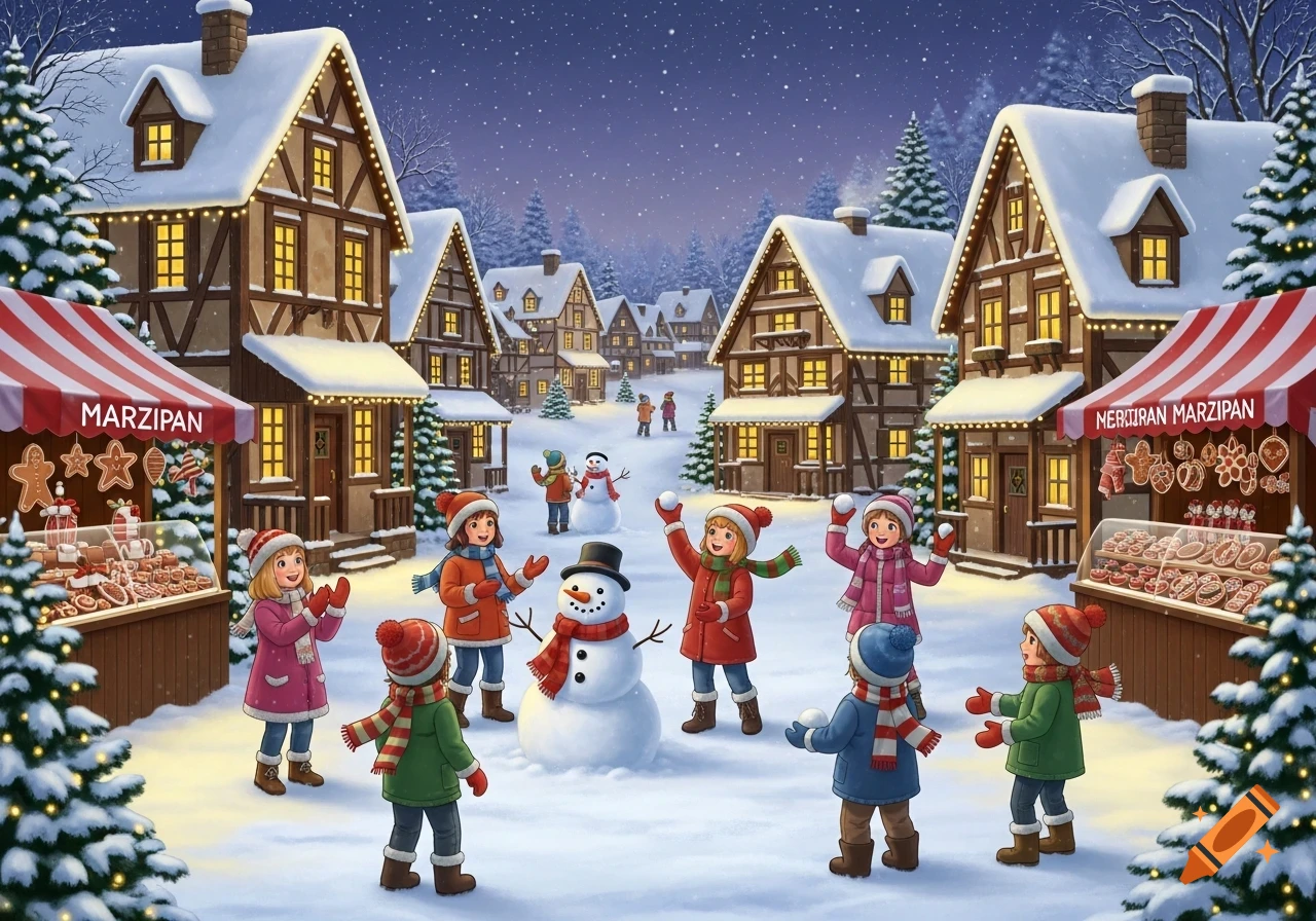 A festive snowy Christmas village at night with children playing ...