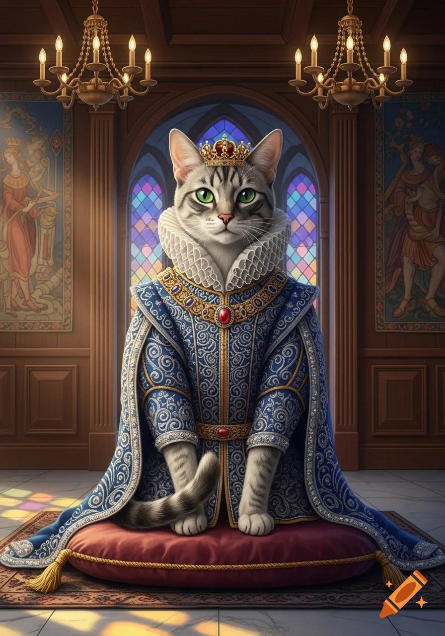 A tabby cat in a blue and gold regal outfit with a crown and ruff, sitting on a red cushion in a grand hall with stained glass windows.