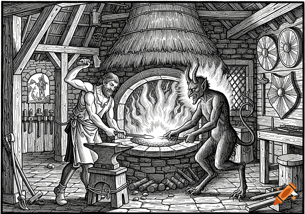 A medieval woodcut drawing of a bearded blacksmith and a horned devil forging metal together in a busy smithy.