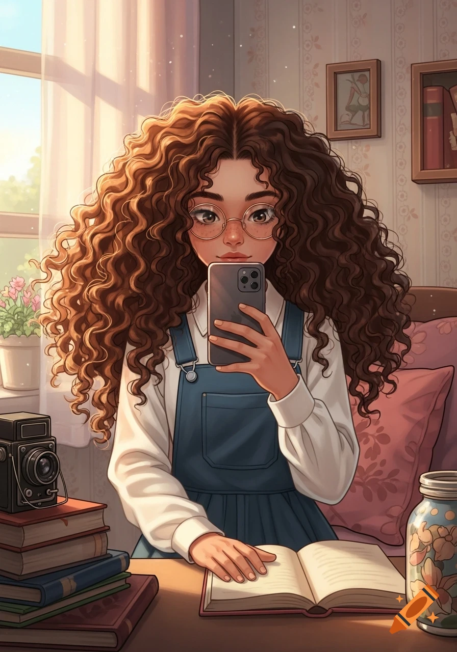 Illustrated girl with curly brown hair and glasses takes a selfie while reading a book in a sunlit, cozy room.